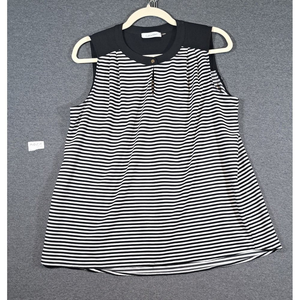 Calvin Klein Womens Black White Striped Sleeveless Shell Blouse Gold Button Top